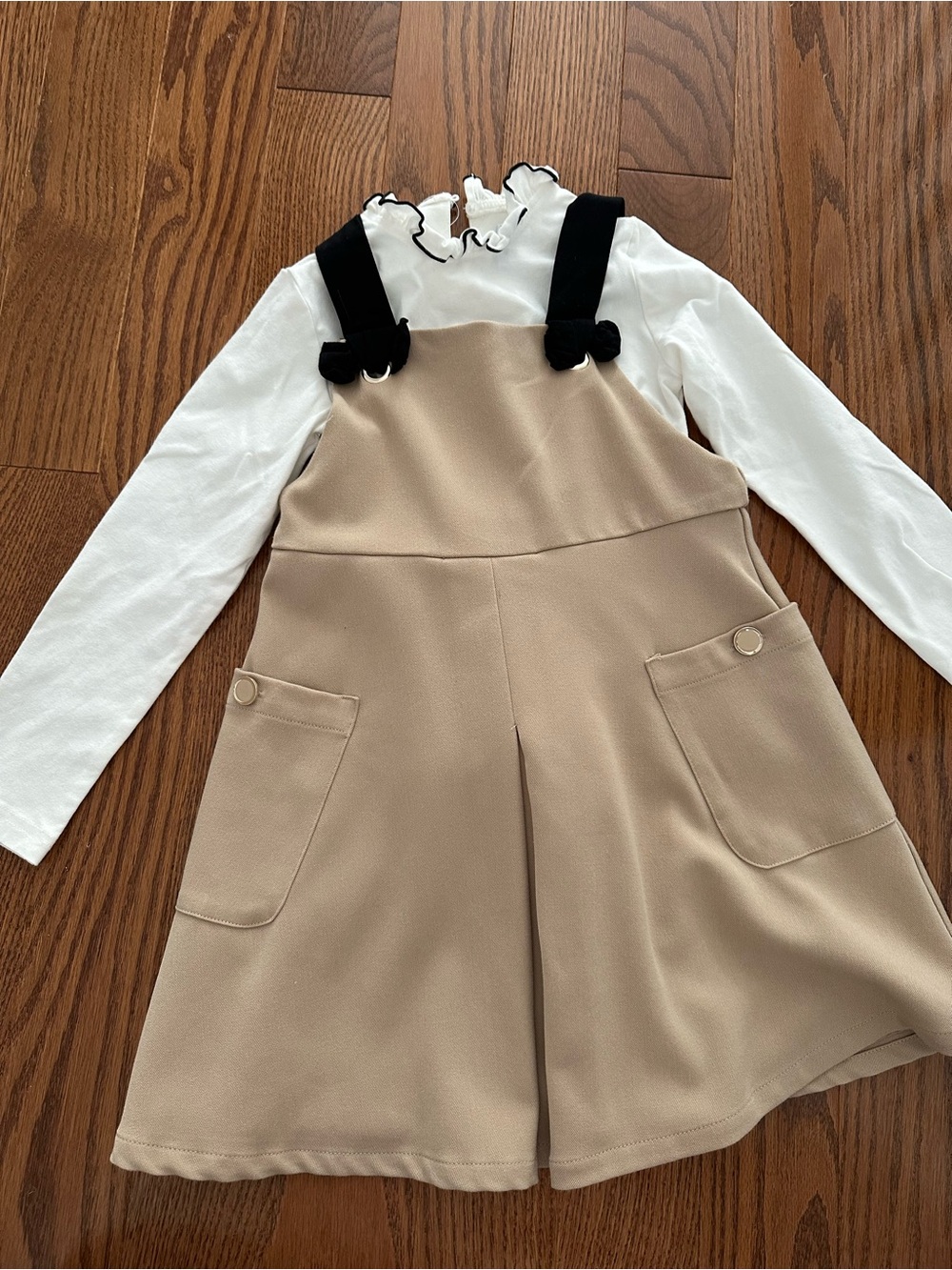 Mayoral Tan Pinafore Dress with Black Straps